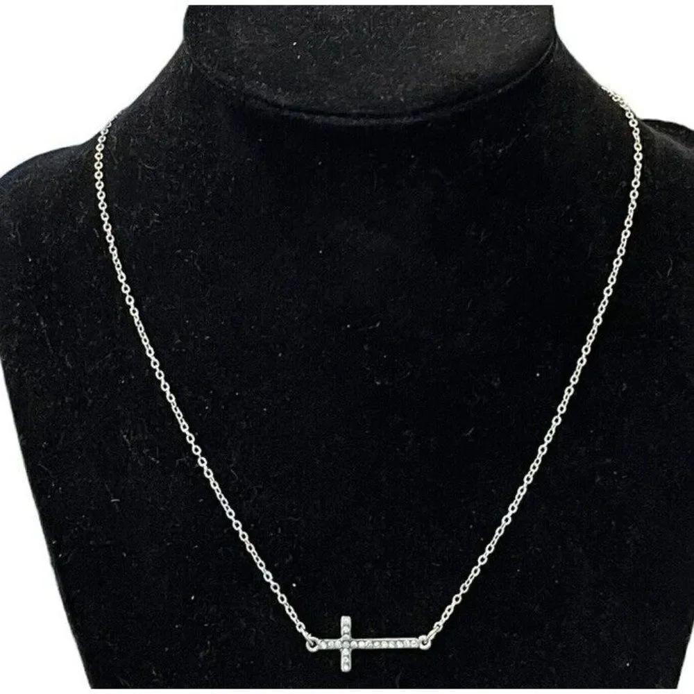 Silver Tone Sideways Cross Necklace Rhinestones 18” Religious Dainty New Gift